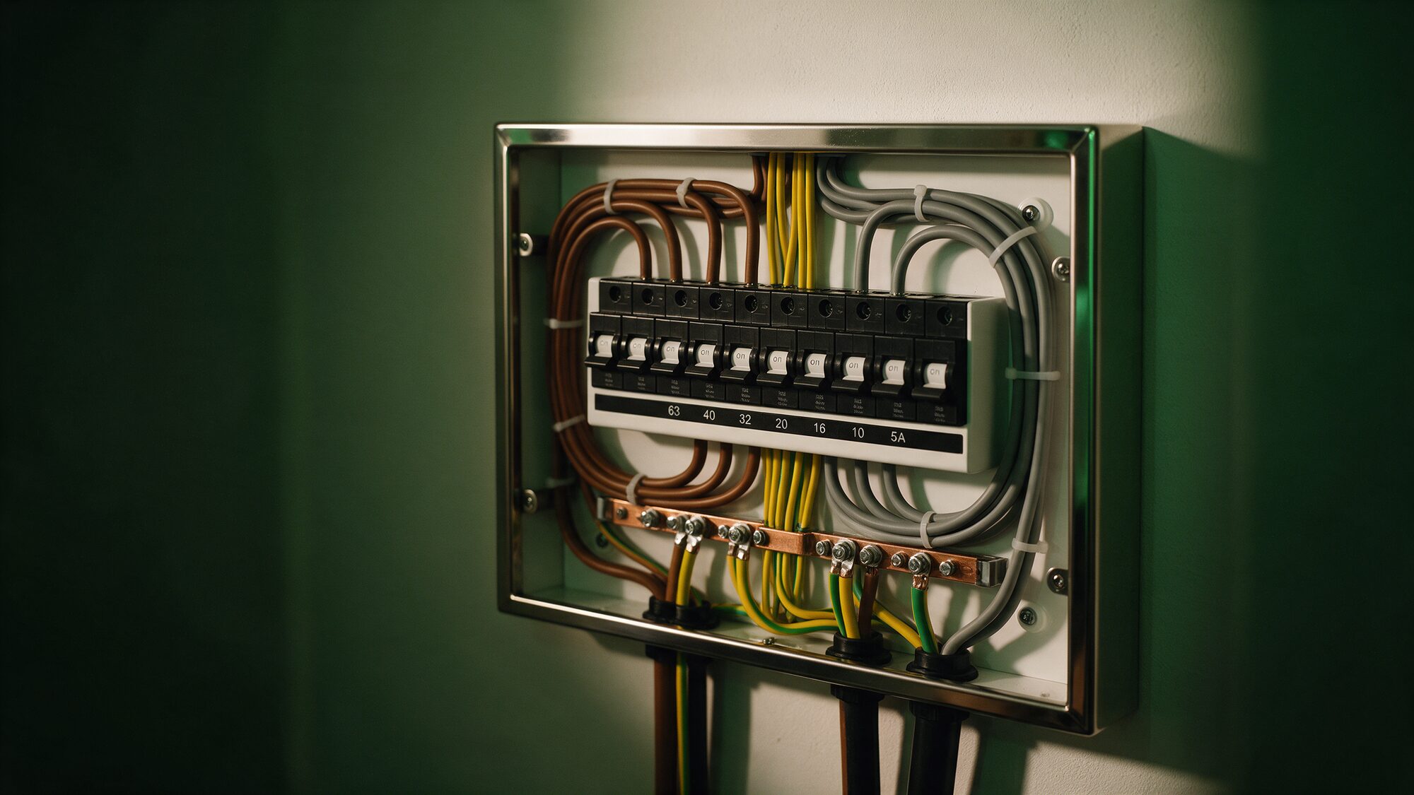 A neatly wired consumer unit with dressed, colour-coded cables